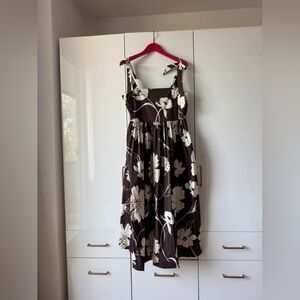 Women's Brown Floral Midi Dress with Cream Print
